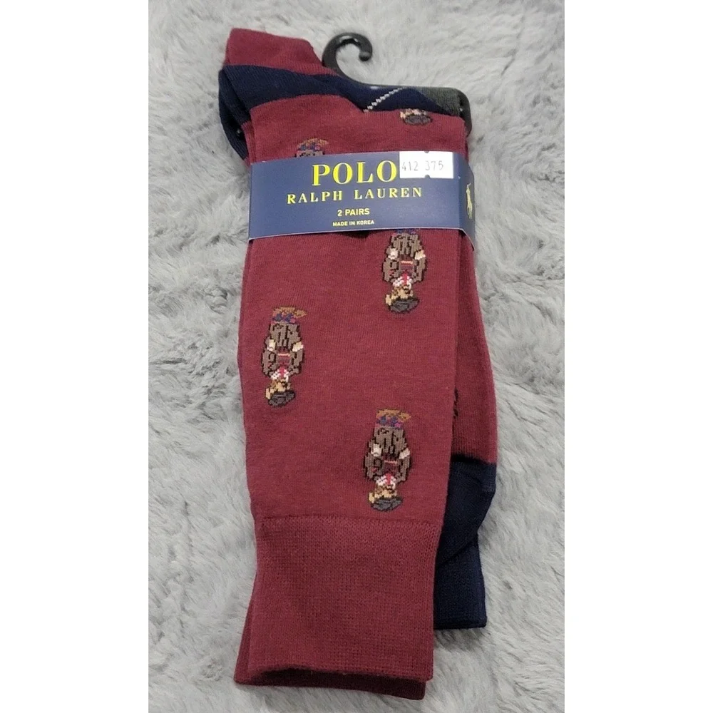 Polo Ralph Lauren Socks Mens 10-13 Wine Argyle Heritage Bear 2 Pairs Mid Calf